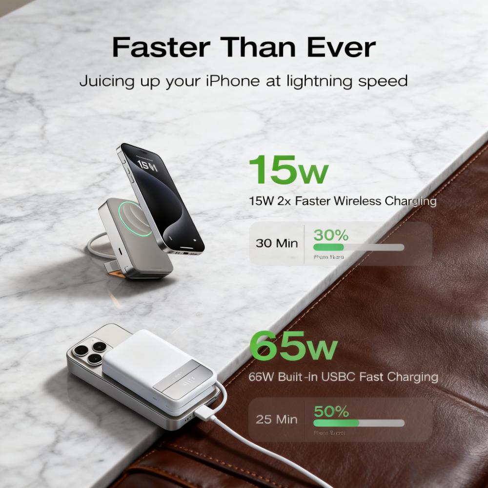 65W Fast-Charging Magnetic Wireless Power Bank with Stand