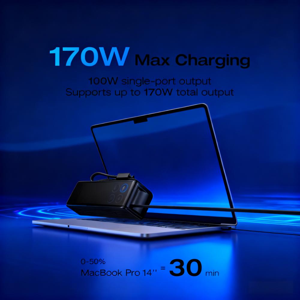 170W Fast-Charging Portable Power Bank with Built-in Cables