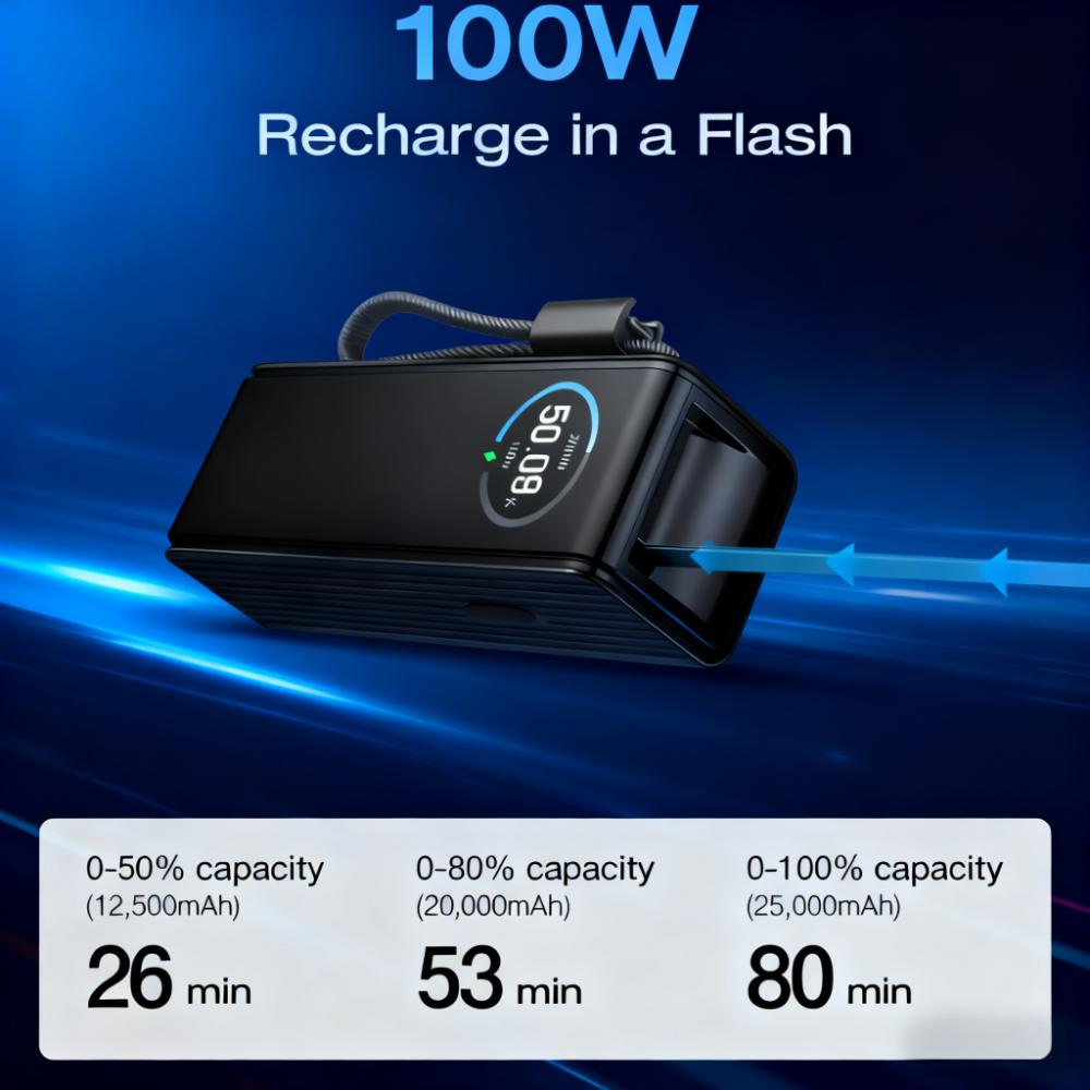 170W Fast-Charging Portable Power Bank with Built-in Cables